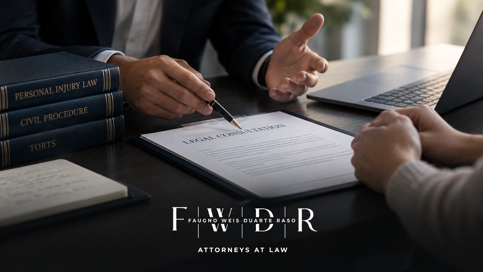 Attorney pointing at a legal consultation document across a desk