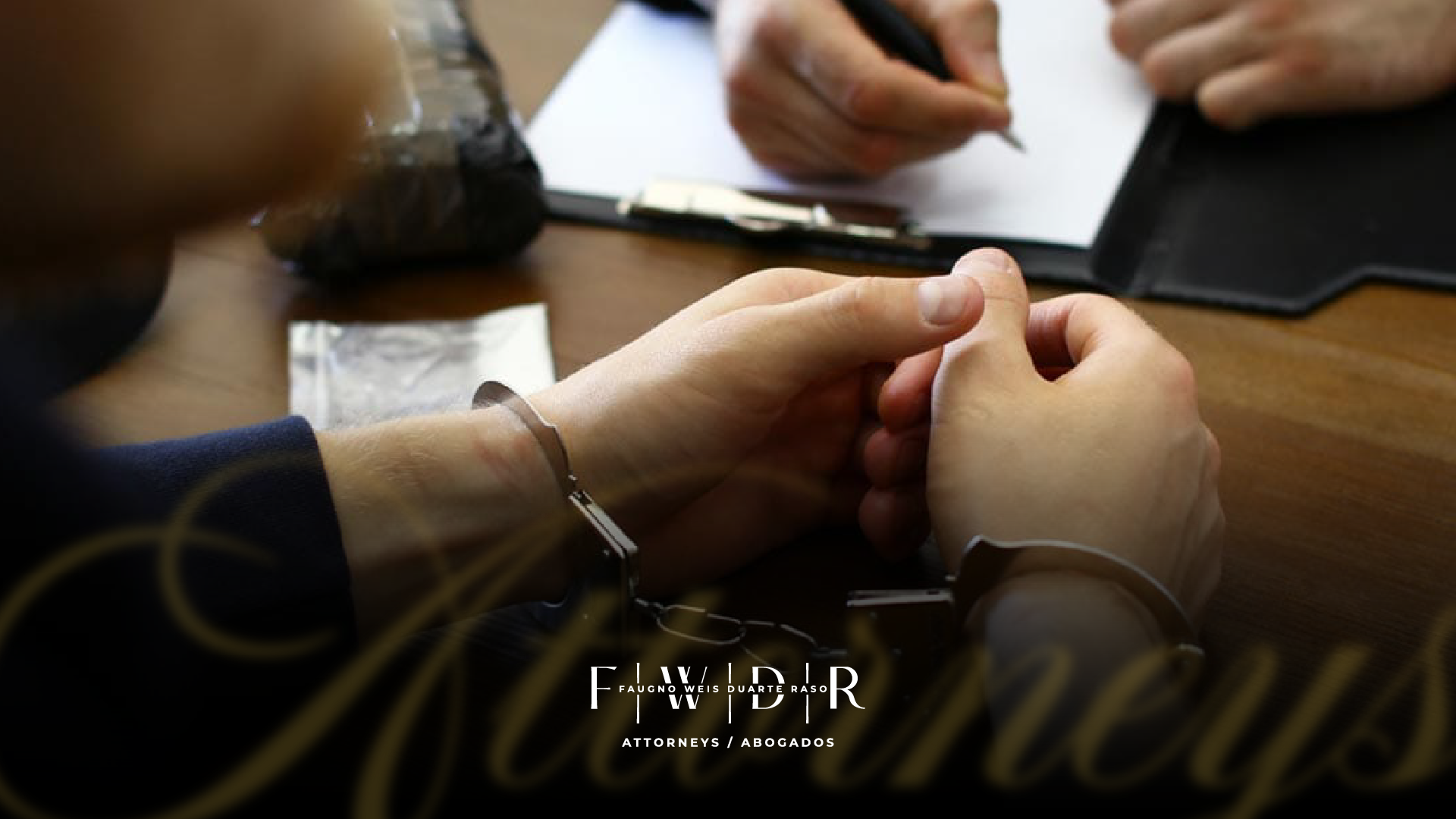 Handcuffed person sitting across from an investigator writing notes